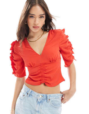 asos design v neck tea blouse in red