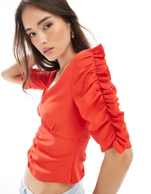 ASOS DESIGN v neck tea blouse in red, 3 of 4