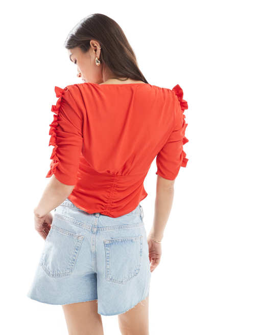 ASOS DESIGN v neck tea blouse in red, 4 of 4