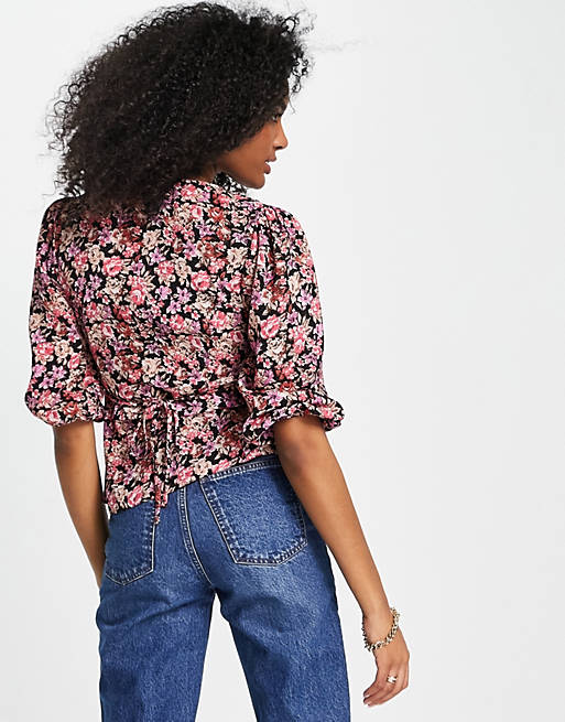  Shirts & Blouses/v neck tea blouse with button front pink & black print 