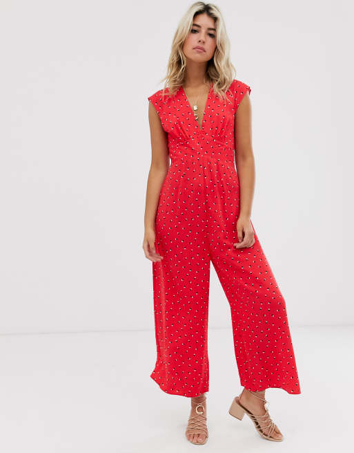 Asos Design V Neck Tea Jumpsuit In Red Polka Dot With Open Back Asos