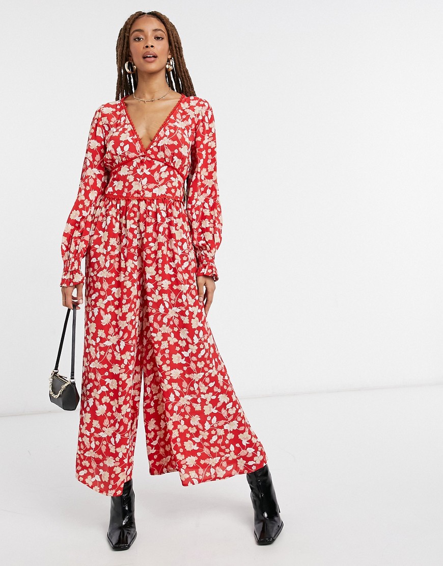 ASOS DESIGN v neck tea jumpsuit with lace trim in red floral print