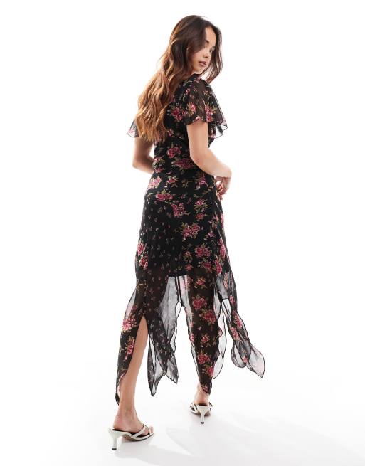 Asos black floral midi dress best sale