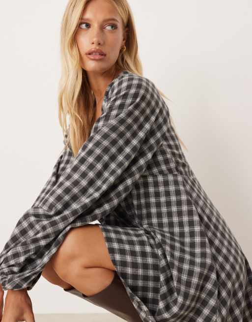 ASOS DESIGN v neck tie bust mini dress with volume sleeve in gray check