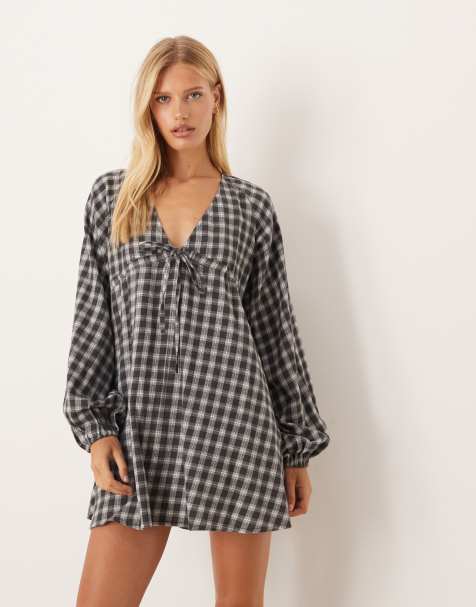 ASOS DESIGN v neck tie bust mini dress with volume sleeve in grey check - view 1