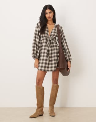 Asos Design V-neck Tie Bust Mini Dress With Volume Sleeves In Multi