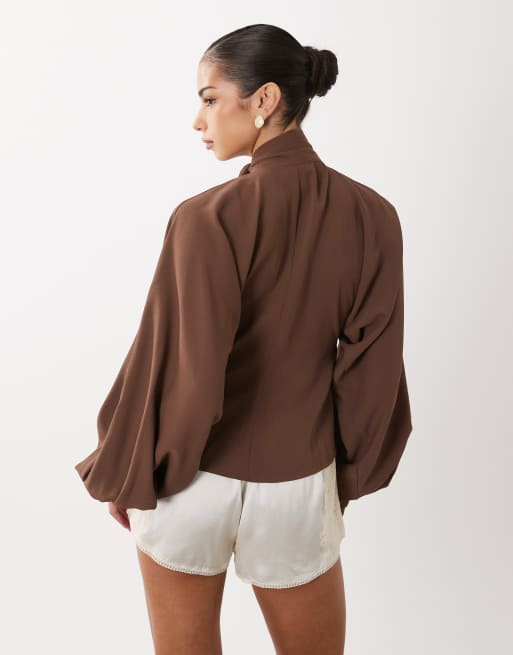 ASOS DESIGN V neck tie detail batwing blouse in brown, 3 of 4