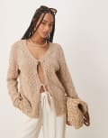 [ASOS DESIGN] ASOS DESIGN v neck tie front cardigan in crochet stitch in beige-Neutral L Beige