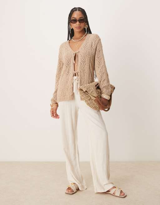 ASOS DESIGN v neck tie front cardigan in crochet stitch in beige