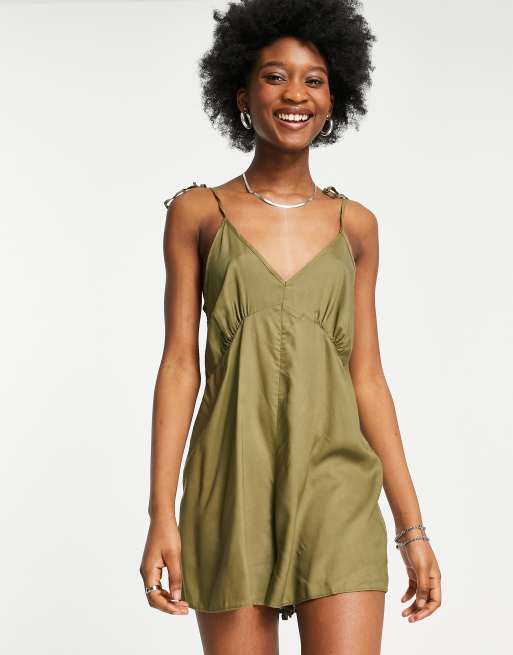 ASOS DESIGN v neck tie shoulder swing romper in khaki | ASOS