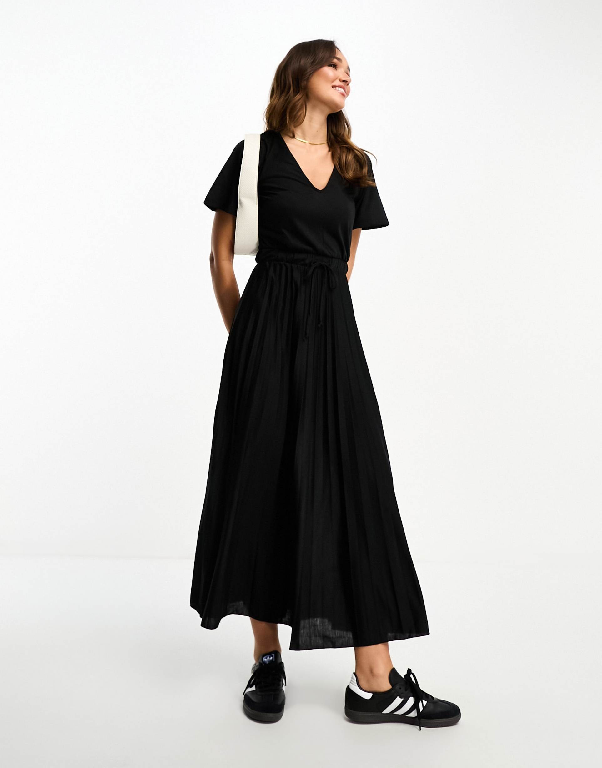 asos design v-neck tie waist pleat midi dress in black