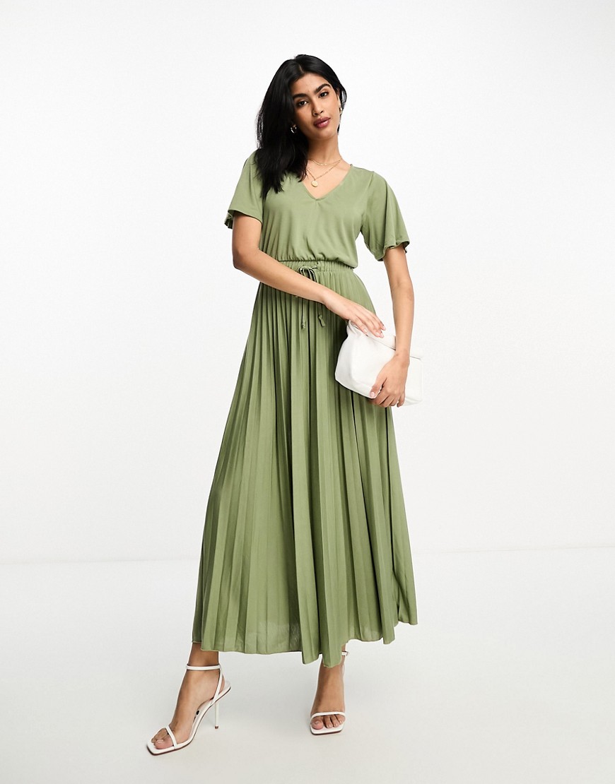 Asos Design V Neck Tie Waist Pleat Midi Dress In Sage-green