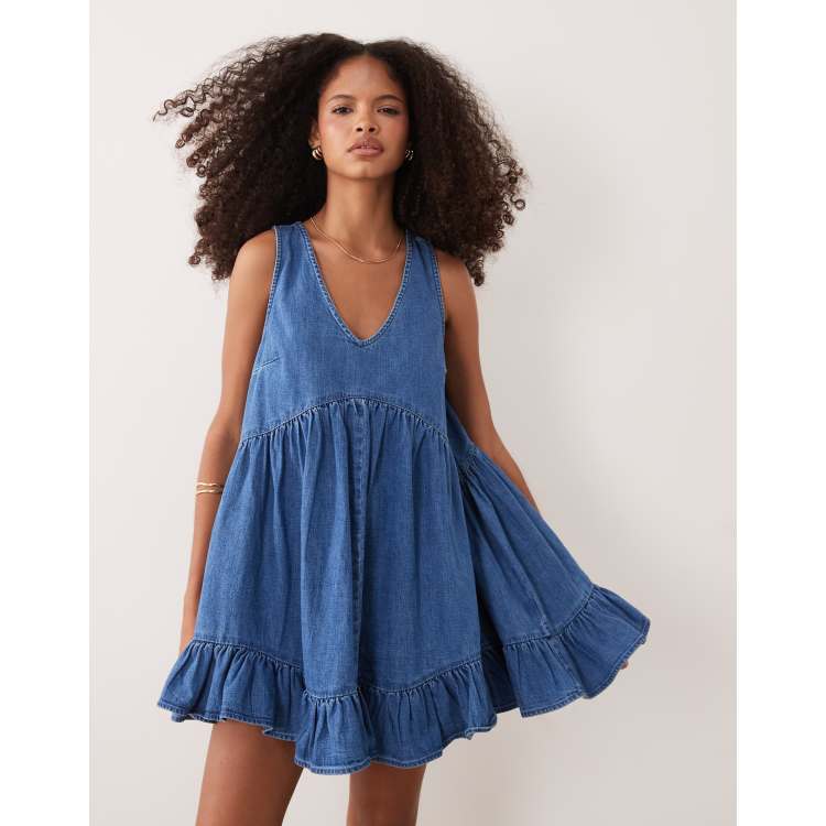 ASOS DESIGN v-neck tiered denim smock dress in light mid blue | ASOS
