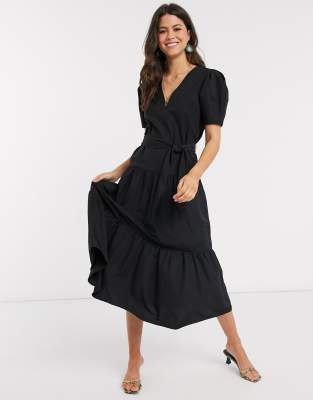 black v neck midi dress with sleeves