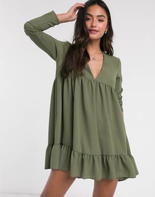 ASOS DESIGN v neck tiered mini smock dress in khaki | ASOS