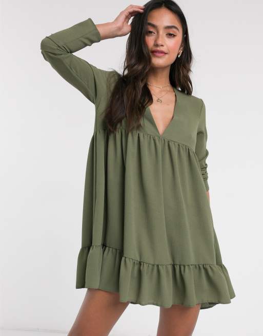 ASOS DESIGN v neck tiered mini smock dress in khaki ASOS