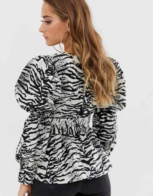 ASOS DESIGN v neck top with belt detail in tiger animal print, 2 of 4