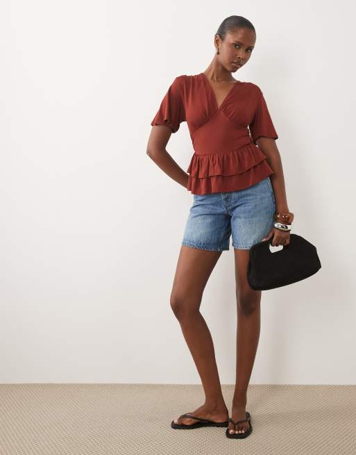ASOS DESIGN v neck top with ruffle peplum hem in rust, 2 of 4