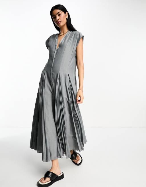 ASOS DESIGN v neck trapeze midi dress with pleated godet hem in charcoal