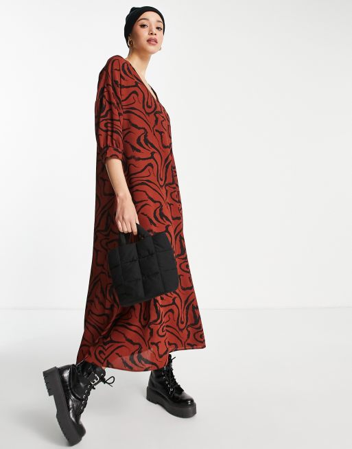 ASOS DESIGN v neck trapeze midi dress with three quarter sleeve in brown  animal print