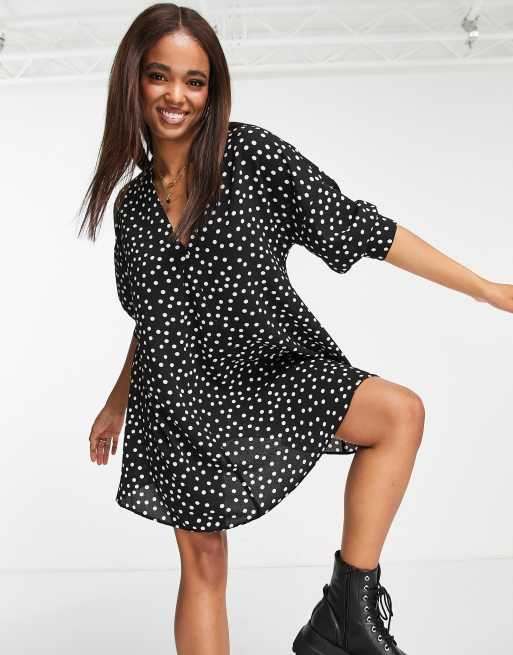 ASOS DESIGN v neck trapeze mini dress in mono spot print