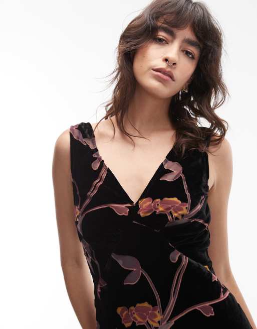 ASOS DESIGN V neck velvet devoure maxi dress in black and pink floral print, 4 of 4