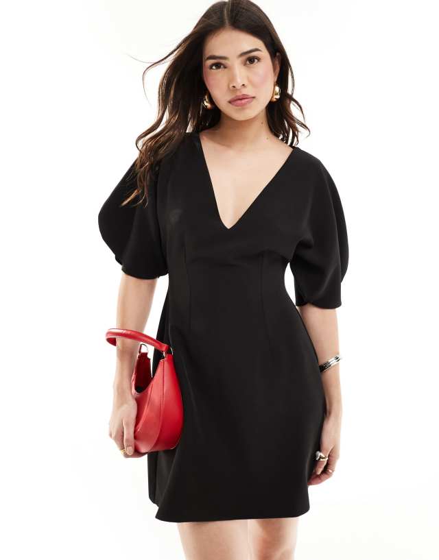 ASOS DESIGN - v neck volume sleeve mini dress in black