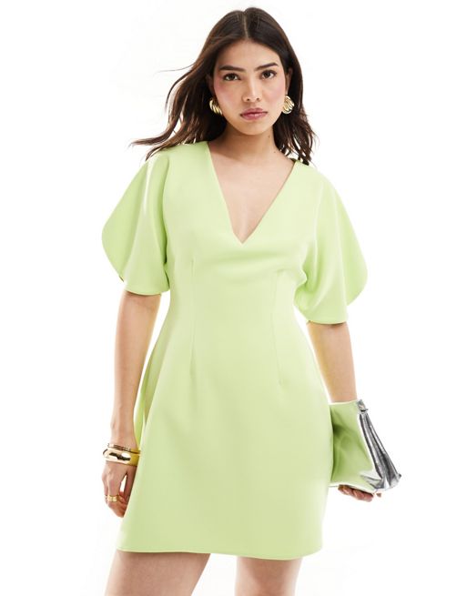 ASOS DESIGN V neck volume sleeve mini dress in lime