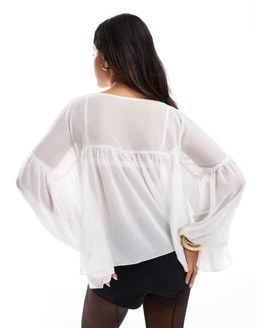 ASOS DESIGN v neck volume smock top in cream, 2 of 4