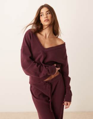 v neck waffle knit oversized sweatshirt in burgundy - part of a set-Red