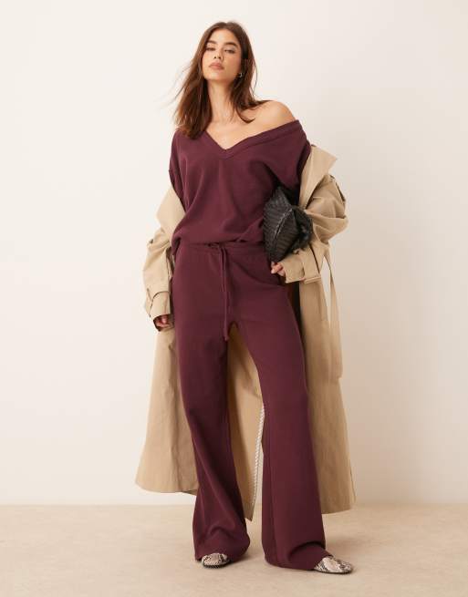 ASOS DESIGN v neck waffle oversized sweat in burgundy (part of a set), 2 of 4