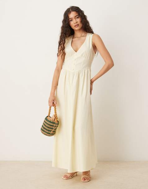 ASOS DESIGN v neck waisted button down midi dress in buttermilk - view 1
