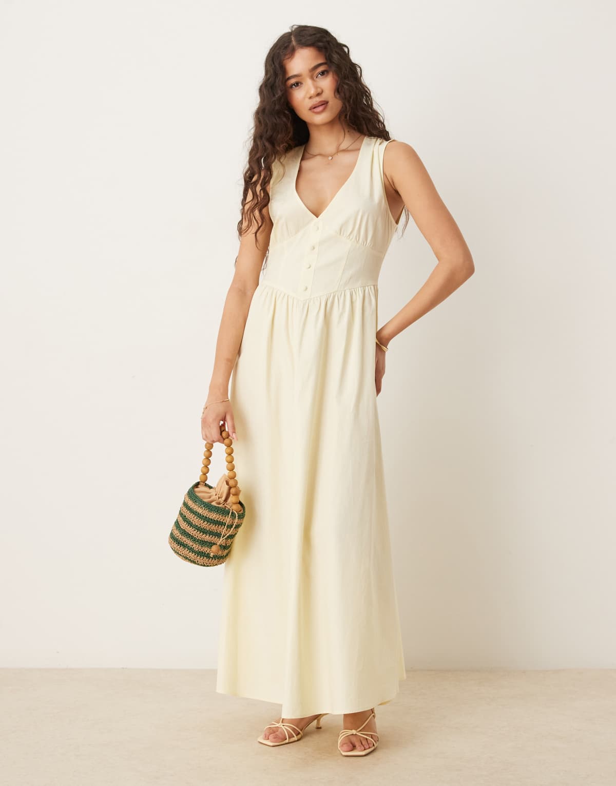 ASOS DESIGN v neck waisted button down midi dress in buttermilk