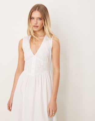 Shop Asos Design V-neck Waisted Button Down Midi Dress In White