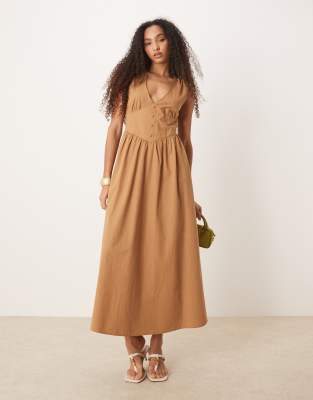 Asos Design V Neck Waisted Button Down Midi Dress In Brown