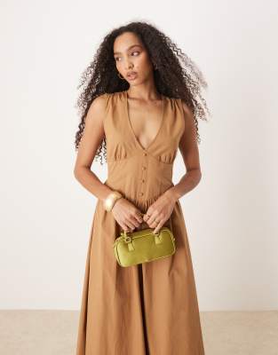 ASOS DESIGN V NECK WAISTED BUTTON DOWN MIDI DRESS 