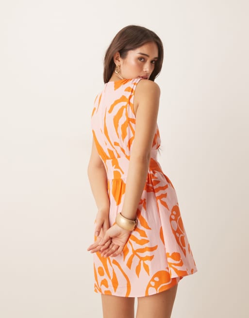ASOS DESIGN v neck waisted button down mini dress in pink abstract print
