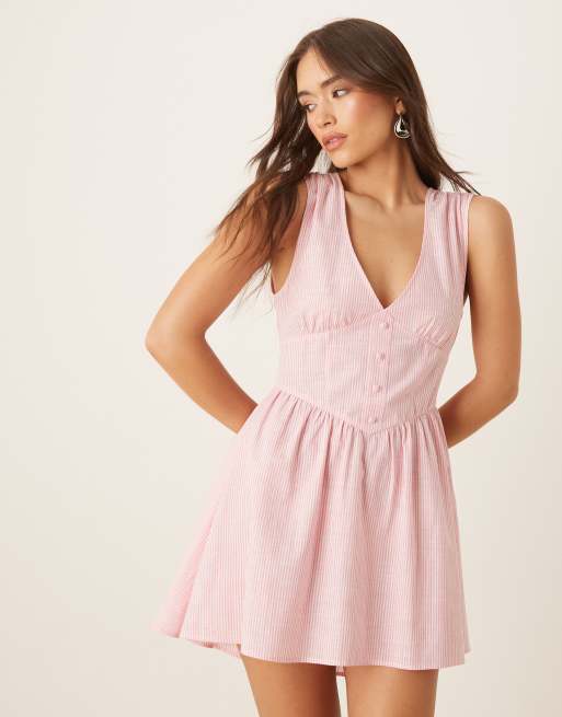 ASOS DESIGN v neck waisted button down mini dress in stripe