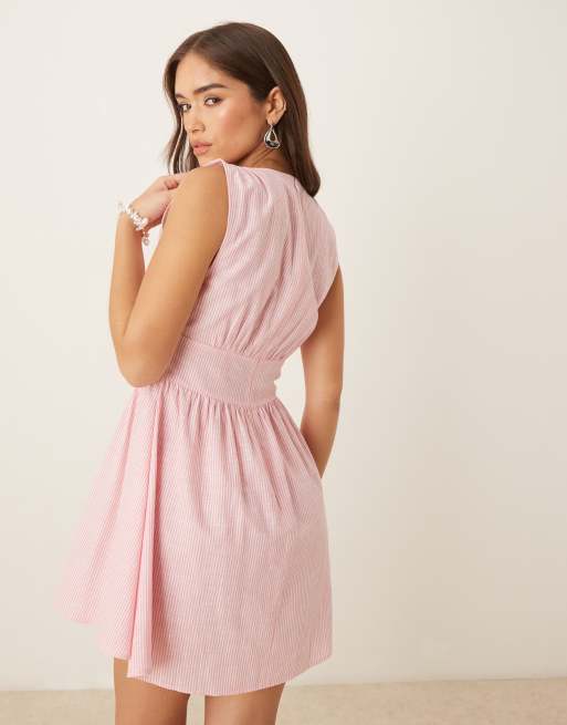 ASOS DESIGN v neck waisted button down mini dress in stripe