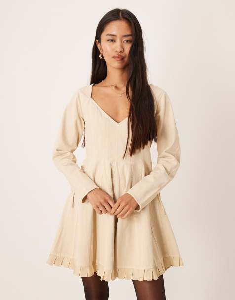 ASOS DESIGN v neck washed lace up side skater mini dress in ecru - view 1