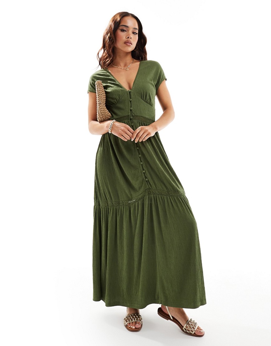 Asos Design V Neck With Cap Sleeves With Lace Inserts Maxi Dress In Olive-green