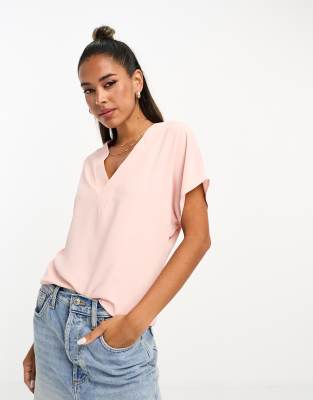 Asos Design V-neck Woven Tee In Rose-pink In Pink