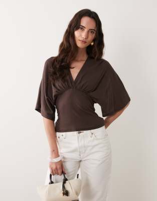 Asos Design V-neck Wrap Top In Brown