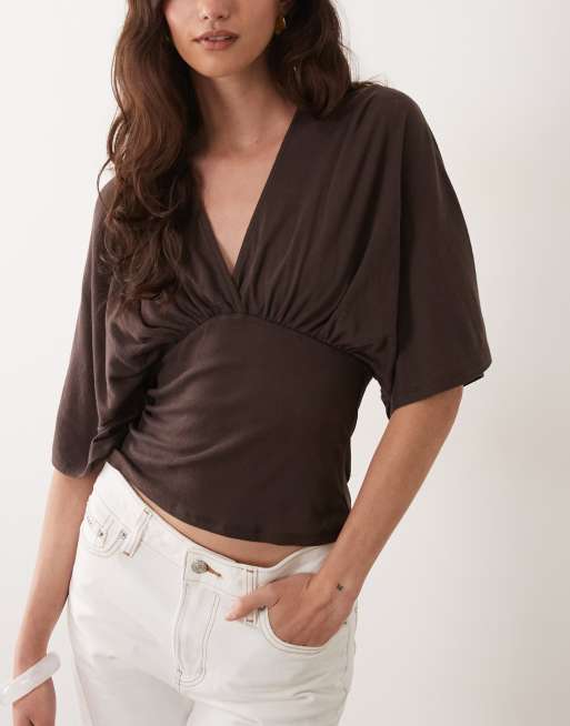ASOS DESIGN v-neck wrap top in brown, 4 of 4