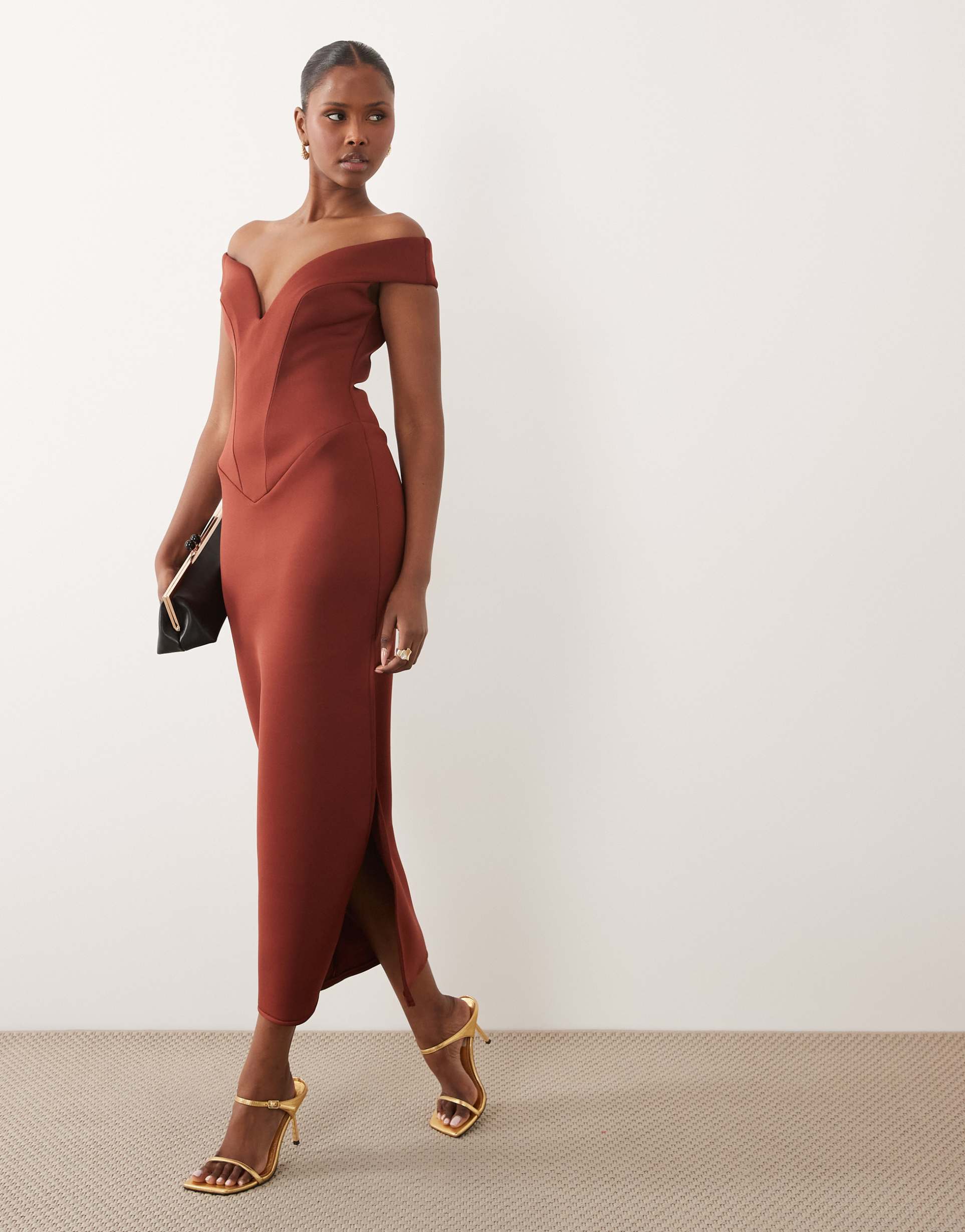 asos design v plunge bardot midi dress in red scuba-style fabric