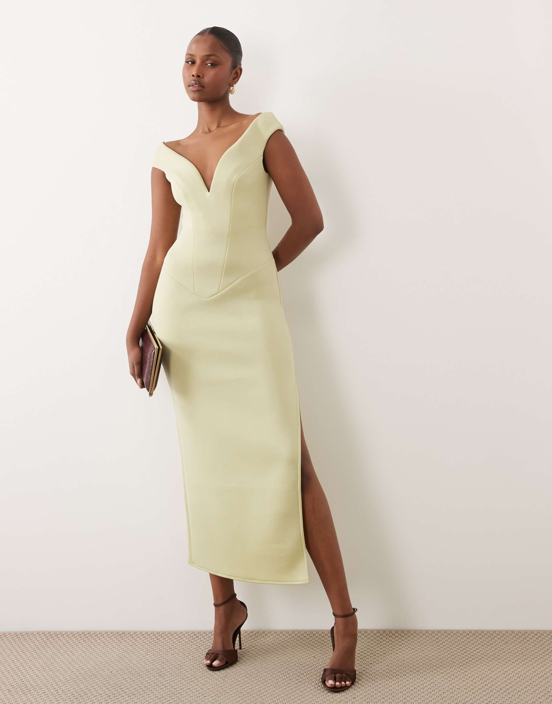 asos design v-plunge bardot midi in sage green scuba-style fabric