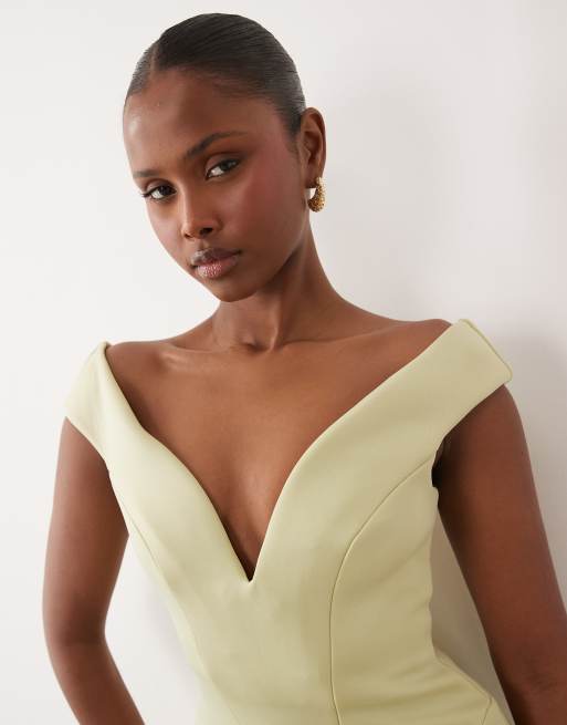 ASOS DESIGN V-plunge bardot midi in sage green scuba-style fabric, 2 of 4