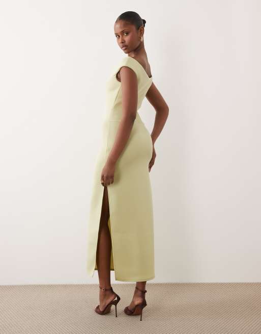 green bardot midi dress Warehouse Women's Petite Satin Twill Notch Front Bardot Midi Dress in Chartreuse