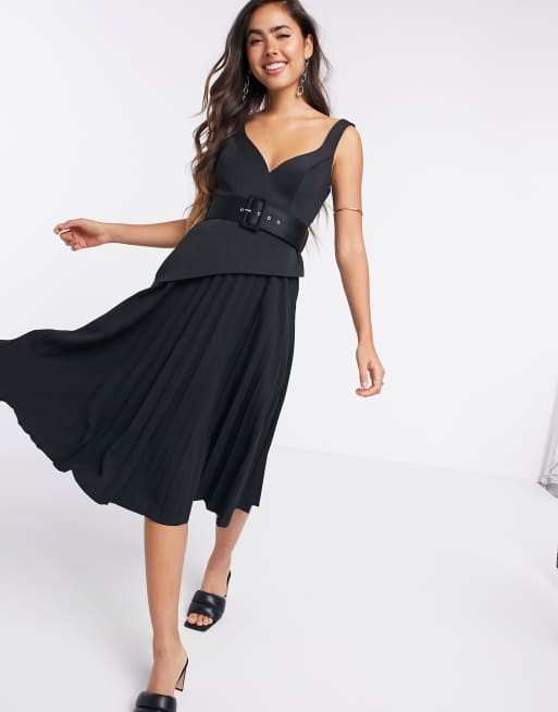 ASOS DESIGN v wire belted pleated skirt cami midi skater dress in black ...