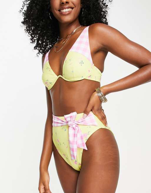 ASOS DESIGN FULLER BUST Mono Lace Rose Print Ruched Bandeau Bikini